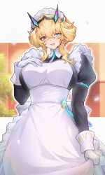 Rule 34 | 1girl, apron, barghest (fate), barghest (swimsuit archer) (fate), blonde hair, blue eyes, breasts, fate/grand order, fate (series), gloves, hand on own chest, heterochromia, highres, honi (ohohoni), juliet sleeves, large breasts, long sleeves, maid, maid apron, maid headdress, puffy sleeves, purple eyes, white gloves