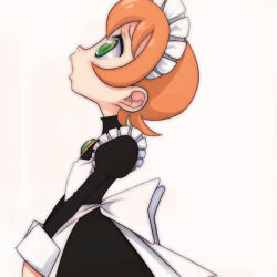 Rule 34 | 1girl, aged down, apron, blush, brooch, frilled apron, frills, from side, green eyes, jewelry, lips, looking up, maid headdress, open mouth, orange hair, peacock (skullgirls), shirts, skullgirls, solo, t jiroo (ringofriend), white background