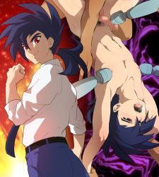 Rule 34 | 10s, 3boys, anal, ass, blue hair, blush, cardfight!! vanguard, group sex, highres, katsuragi kamui, lying, male focus, male penetrated, mmm threesome, multiple boys, necktie, nude, open mouth, red eyes, restrained, saliva, sex, sex toy, sweat, threesome, tongue, yaoi