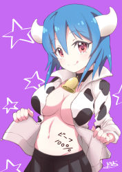 Rule 34 | 1girl, absurdres, animal print, bell, blue hair, blush, breasts, cleavage, closed mouth, collar, cow girl, cow horns, cow print, highres, horns, jashin-chan dropkick, large breasts, looking at viewer, minos (jashin-chan dropkick), neck bell, red eyes, short hair, smile, solo, tongue, tongue out, upper body, yuuki shushu