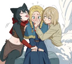Rule 34 | 3girls, ?, animal ears, belt, blonde hair, blush, braid, brown eyes, cat ears, closed eyes, dungeon meshi, ear licking, embarrassed, falin touden, falin touden (chimera), feathers, girl sandwich, green eyes, hand on another&#039;s face, highres, hikentai0112, hug, izutsumi, licking, light brown hair, long hair, looking at another, marcille donato, medium hair, multiple girls, navel, pointy ears, sandwiched, scarf, simple background, sitting, tongue, tongue out, twin braids, white background, wings, yuri