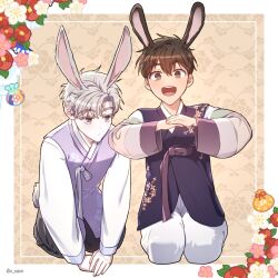 Rule 34 | 2boys, aged down, animal ears, brown eyes, brown hair, child, closed mouth, easter, floral print, highres, ilay riegrow, jeong taeui, korean clothes, male focus, multiple boys, o ssion, open mouth, passion (manhwa), rabbit ears, rabbit tail, smile, tail, white hair