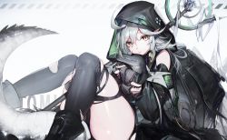 Rule 34 | 1girl, absurdres, ahoge, animal, arknights, backpack, bag, black footwear, black thighhighs, character name, chyan, crocodile, crocodilian, crocodilian tail, detached sleeves, dream catcher, gloves, grey gloves, hair between eyes, highres, holding, holding animal, hood, hood up, hooded jacket, jacket, knees up, large tail, long hair, looking at viewer, partially fingerless gloves, pointy ears, silver hair, sitting, slit pupils, solo, staff, tail, thighhighs, thighs, tomimi (arknights), torn clothes, torn thighhighs, translation request, white background, yellow eyes