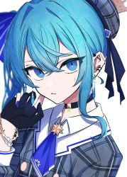 Rule 34 | 1girl, absurdres, ascot, black choker, black gloves, blue ascot, blue eyes, blue hair, choker, collared shirt, commentary request, earrings, gloves, hair between eyes, highres, hololive, hoshimachi suisei, hoshimachi suisei (1st costume), jacket, jewelry, long hair, long sleeves, looking at viewer, nail polish, nanashnojo, partially fingerless gloves, plaid, plaid jacket, shirt, solo, upper body, virtual youtuber, white shirt
