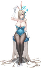 Rule 34 | 1girl, absurdly long hair, absurdres, animal ears, aqua bow, aqua bowtie, aqua leotard, arm support, arm up, armpits, asuna (blue archive), asuna (bunny) (blue archive), asymmetrical bangs, bare shoulders, black pantyhose, blue archive, blush, bow, bowtie, breasts, cleavage, collarbone, crossed ankles, detached collar, fake animal ears, full body, gangsoon86, gloves, hair over one eye, halo, highleg, highleg leotard, highres, incredibly absurdres, large breasts, leotard, light brown hair, long bangs, long hair, looking at viewer, official alternate costume, on stool, one eye covered, pantyhose, playboy bunny, rabbit ears, simple background, sitting, smile, solo, straight hair, strapless, strapless leotard, thighband pantyhose, very long hair, white background, white footwear, white gloves