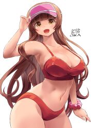 Rule 34 | 1girl, adjusting clothes, adjusting headwear, alternate costume, artist name, bead bracelet, beads, blush, bracelet, breasts, brown hair, cleavage, dated, hat, helena (kancolle), highres, jewelry, kantai collection, large breasts, long hair, looking at viewer, one-hour drawing challenge, open mouth, owa (ishtail), pink hat, simple background, smile, solo, very long hair, visor cap, white background, yellow eyes