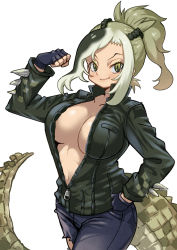 Rule 34 | 1girl, arm up, asymmetrical hair, braid, breast pocket, breasts, breasts apart, closed mouth, collarbone, collared jacket, crocodilian tail, denim, fingerless gloves, flexing, french braid, gloves, green eyes, green hair, green jacket, hand on own hip, high collar, high ponytail, jacket, jeans, kemono friends, large breasts, long hair, long sleeves, looking at viewer, multicolored hair, navel, no bra, pants, partially unzipped, pocket, saltwater crocodile (kemono friends), simple background, slit, slit pupils, smile, solo, spikes, spirits hatch, stomach, tail, torn clothes, torn jeans, torn pants, white background, zipper, zipper pull tab