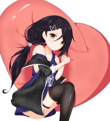 Rule 34 | 1girl, azur lane, bare shoulders, black hair, black jacket, black thighhighs, blue dress, blush, brown eyes, cassin (azur lane), cassin (retrofit) (azur lane), closed mouth, collarbone, commentary request, dress, feet out of frame, hair between eyes, hair ornament, heterochromia, highres, jacket, long hair, looking at viewer, low ponytail, lying, off shoulder, on side, open clothes, open jacket, parted lips, ponytail, red eyes, roido (taniko-t-1218), simple background, sleeveless, sleeveless dress, solo, thighhighs, very long hair, white background