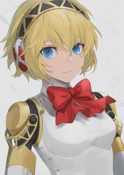 Rule 34 | 1girl, aegis (persona), android, black hairband, blonde hair, blue eyes, bow, bowtie, closed mouth, gold trim, hair between eyes, hairband, headphones, isa (peien516), looking at viewer, persona, persona 3, red bow, red bowtie, robot ears, short hair, simple background, smile, solo, white background