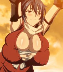 Rule 34 | 1girl, arms up, bandages, black hair, blush, breasts, brown eyes, bursting breasts, cleavage, covered erect nipples, highres, huge breasts, japanese clothes, kimono, manyuu chifusa, manyuu hikenchou, puffy areolae, skindentation, solo, stitched, sweat, takagi jun, third-party edit, tight clothes, torn clothes, undersized clothes, yukata