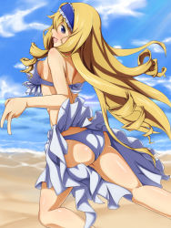 Rule 34 | 10s, 1girl, ass, back, bare legs, bare shoulders, beach, bikini, blonde hair, blue eyes, blush, body blush, breasts, cecilia alcott, cloud, drill hair, female focus, from behind, hair between eyes, hairband, highres, infinite stratos, legs, long hair, mei ichi, open mouth, outdoors, profile, sand, sarong, solo, sunlight, swimsuit, v, water, white bikini