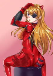 Rule 34 | 10s, 1girl, angel pena (angelox), ass, blue eyes, blush, bodysuit, breasts, brown hair, evangelion: 3.0 you can (not) redo, eyepatch, from behind, hairpods, highres, interface headset, large breasts, long hair, looking back, neon genesis evangelion, plugsuit, rebuild of evangelion, shiny clothes, sitting, solo, souryuu asuka langley, straddling