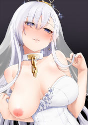 Rule 34 | 1girl, artist request, azur lane, bare shoulders, belfast (azur lane), belfast (the pledge of claddagh) (azur lane), belfast (the pledge of claddagh) (azur lane), black background, blush, braid, breasts, bridal veil, chain, collar, commentary request, dress, earrings, eyes visible through hair, gold chain, hand in own hair, head tilt, highres, jewelry, lactation, large breasts, long hair, looking at viewer, naughty face, nipples, one breast out, parted lips, purple eyes, silver hair, simple background, solo, sparkle, undressing, veil, wedding dress, white collar, white dress