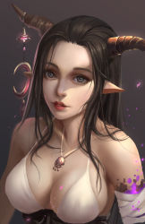 Rule 34 | 10s, 1girl, bare shoulders, black hair, blue eyes, breasts, cleavage, collarbone, danua, draph, granblue fantasy, highres, horns, lalan fengchu, lipstick, makeup, parted lips, pointy ears, realistic, red lips, solo