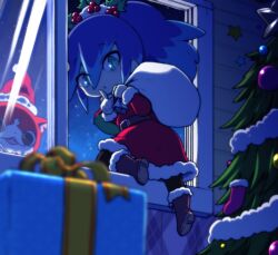 Rule 34 | 1girl, blue hair, boots, cat, christmas, christmas present, christmas stocking, christmas tree, finger to mouth, fubukihime, gift, green eyes, hat, high ponytail, holly, jibanyan, long hair, multicolored hair, nollety, notched ear, open mouth, sack, santa costume, santa hat, shushing, solo focus, two-tone hair, youkai watch