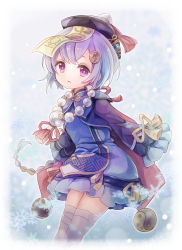 Rule 34 | 1girl, bead necklace, beads, blue dress, braid, commentary request, cropped jacket, dress, genshin impact, hair ornament, hat, highres, jacket, jewelry, long hair, long sleeves, looking at viewer, necklace, ofuda, parted lips, purple eyes, purple hair, purple hat, purple jacket, qingdai guanmao, qiqi (genshin impact), single braid, sleeves past fingers, sleeves past wrists, solo, thighhighs, very long hair, white thighhighs, wide sleeves, yin yang, yonema