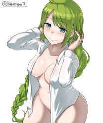 Rule 34 | 1girl, absurdres, ahoge, bad id, blouse, blue eyes, braid, braided ponytail, breasts, closed mouth, collarbone, collared shirt, commentary request, convenient censoring, covered erect nipples, dress shirt, hands in hair, highres, kantai collection, kiritto, long hair, medium breasts, mole, mole under mouth, naked shirt, shirt, simple background, single braid, smile, solo, standing, twitter username, very long hair, white background, white shirt, yuugumo (kancolle)