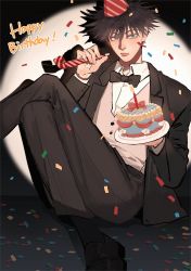 Rule 34 | 1boy, birthday cake, black bow, black bowtie, black footwear, black hair, black jacket, black pants, black socks, bow, bowtie, cake, closed mouth, commentary, confetti, dress shirt, eyelashes, food, formal, fushiguro megumi, happy birthday, hat, highres, holding, holding cake, holding food, jacket, jujutsu kaisen, li chestnuts, long sleeves, looking at viewer, male focus, pants, party hat, party whistle, shirt, short hair, sitting, socks, solo, spiked hair, spotlight, symbol-only commentary, vest