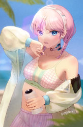 Rule 34 | 1girl, arknights, bare shoulders, blue eyes, blue poison (arknights), blue poison (shoal beat) (arknights), blue sky, blurry, blurry background, blush, braid, breasts, choker, cleavage, collarbone, commentary request, crop top, day, earrings, enpu (emplehuoy), hairband, highres, holding, jacket, jewelry, long sleeves, midriff, off shoulder, open clothes, open jacket, outdoors, partial commentary, pink choker, pink hair, short hair, sky, small breasts, solo, spaghetti strap, sports bra, stomach, twin braids, upper body, white jacket
