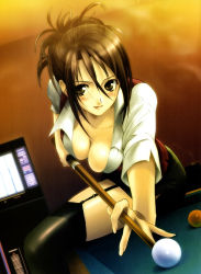 Rule 34 | 1girl, ball, billiard ball, billiards, black skirt, black thighhighs, blush, breasts, brown eyes, brown hair, ceiling, cleavage, cue stick, downblouse, dutch angle, fingernails, game, garter belt, garter straps, hair between eyes, highres, holding, indoors, leaning, leg lift, light smile, lingerie, lipstick, long fingernails, makeup, masaharu, medium breasts, monitor, no bra, open clothes, open shirt, original, outstretched arm, parted bangs, pencil skirt, playing games, ponytail, pool table, scan, shirt, short hair, short ponytail, side slit, sitting, skindentation, skirt, smile, smoke, solo, table, thighhighs, underwear, vest, video game, white shirt, wing collar, zettai ryouiki