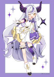 Rule 34 | 1girl, ahoge, black horns, braid, braided bangs, gloves, grey hair, highres, hololive, hololive idol uniform, holox, horns, la+ darknesss, long hair, multicolored hair, naka, neck ribbon, official alternate costume, one eye closed, open mouth, pointy ears, purple hair, purple thighhighs, ribbon, single thighhigh, streaked hair, striped, striped horns, striped ribbon, thigh strap, thighhighs, virtual youtuber, white footwear, white gloves