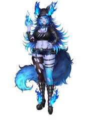 Rule 34 | 1girl, animal ear fluff, animal ears, blue eyes, blue flames, blue hair, blue skin, boots, breasts, cerberus, chain, choker, cleavage, collar, colored skin, fang, fire, goth fashion, hellhound, highres, indie virtual youtuber, large breasts, maiulive, scar, scar across eye, shorts, spite (vtuber), tail, thighs, torn clothes, wolf ears, wolf girl, wolf tail