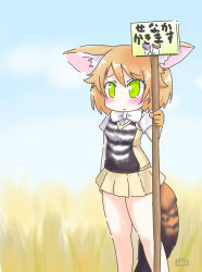 Rule 34 | 10s, 1girl, animal ears, bare legs, black-backed jackal (kemono friends), blonde hair, blush, bow, bowtie, check translation, elbow gloves, gloves, grass, green eyes, highres, holding, holding sign, jackal ears, jackal tail, kemono friends, pleated skirt, short hair, short sleeves, sign, skirt, solo, striped, tall grass, translation request, uho (uhoyoshi-o), vest