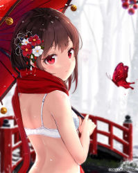 Rule 34 | 1girl, back, blurry, blurry background, blush, bra, bridge, brown hair, bug, butterfly, closed mouth, depth of field, flower, hair flower, hair ornament, highres, holding, holding umbrella, insect, looking at viewer, looking back, na kyo, oil-paper umbrella, original, outdoors, red eyes, red flower, red scarf, scarf, short hair, snow, solo, topless male, umbrella, underwear, white bra, white flower