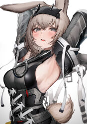 Rule 34 | 1girl, absurdres, arknights, arknights: endfield, armpits, black hairband, blush, breasts, brown hair, detached sleeves, gradient background, grey background, grey eyes, hairband, highres, large breasts, looking at viewer, open mouth, short hair, solo, tab head, tail