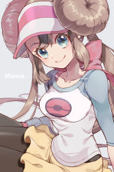 Rule 34 | 1girl, blue eyes, bow, breasts, brown hair, brown pantyhose, character name, closed mouth, commentary request, creatures (company), double bun, eyelashes, game freak, hair bun, long hair, looking at viewer, nintendo, pantyhose, pantyhose under shorts, pink bow, pokemon, pokemon bw2, raglan sleeves, rosa (pokemon), sasairebun, shirt, short shorts, shorts, sitting, smile, solo, twintails, very long hair, visor cap, yellow shorts