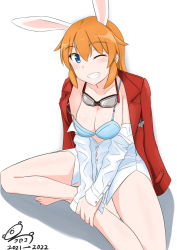 Rule 34 | 1girl, absurdres, blazer, blouse, blue eyes, blush, bra, breasts, charlotte e. yeager, cleavage, collarbone, goggles, grin, highres, jacket, kukoroko, large breasts, long hair, looking at viewer, one eye closed, open clothes, open jacket, orange hair, rabbit ears, rabbit girl, red jacket, shiny skin, shirt, simple background, sitting, smile, solo, strike witches, underwear, white background, white bra, white shirt, world witches series