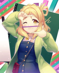 Rule 34 | 1girl, artist name, artist request, bag, bare legs, blonde hair, blue pants, blush, braid, brown eyes, carrying bag, color pencils, crown braid, female focus, flower print, green jacket, hair rings, jacket, kyouou ena, looking at viewer, love live!, love live! school idol festival, love live! sunshine!!, notebook, ohara mari, one eye closed, pants, parted lips, red bag, shirt, short hair, smile, solo, white shirt, yellow eyes