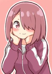 Rule 34 | 1girl, blush, brown eyes, brown hair, commentary request, hair over one eye, hands on own face, hoshino miyako (wataten), jacket, long sleeves, looking at viewer, mitsukiro, outline, red background, red jacket, shirt, short hair, simple background, smile, solo, track jacket, upper body, watashi ni tenshi ga maiorita!, white outline, white shirt