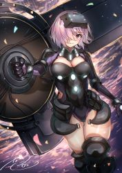 Rule 34 | 1girl, absurdres, armor, bad id, bad pixiv id, breasts, clip studio paint (medium), fate/grand order, fate (series), fueto hiroki, hair over one eye, highres, holding, holding shield, holding weapon, looking at viewer, mash kyrielight, mash kyrielight (ortenaus), purple eyes, purple hair, shield, short hair, solo, thighs, weapon