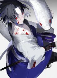 Rule 34 | 1boy, absurdres, animal, armor, black hair, black pants, blood, blood on chest, blood on clothes, blood on face, closed mouth, collarbone, full body, highres, japanese armor, japanese clothes, kote, kushiro kuki, long sleeves, looking at viewer, male focus, naruto (series), naruto shippuuden, pants, parted bangs, red eyes, sandals, sharingan, sheath, sheathed, short hair, simple background, snake, solo, sword, uchiha sasuke, weapon, white background, white snake