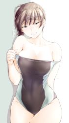 Rule 34 | 1girl, amagami, ambiguous liquid, black eyes, black hair, blush, breasts, cleavage, clothes pull, collarbone, competition swimsuit, covered erect nipples, covered navel, cowboy shot, hair between eyes, highres, large breasts, looking at viewer, lying, off shoulder, on side, one-piece swimsuit, one-piece swimsuit pull, open mouth, sasaki akira (ugc), short hair, simple background, smile, solo, swimsuit, tsukahara hibiki, undressing