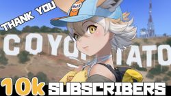 Rule 34 | 1girl, animal costume, animal ear fluff, animal ears, bag, black jacket, blonde hair, choker, coyopotato, coyote (kemono friends), gloves, hat, highres, jacket, kemono friends, kemono friends v project, looking at viewer, multicolored hair, official art, shirt, short hair, sleeveless, sleeveless shirt, solo, thank you, virtual youtuber, white shirt, wolf ears, yellow eyes, yellow gloves, yoshizaki mine