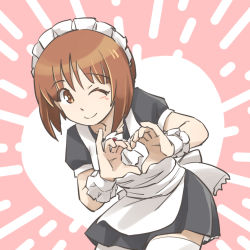 Rule 34 | 1girl, ;), alternate costume, apron, black dress, brown eyes, brown hair, closed mouth, commentary, dress, emphasis lines, enmaided, girls und panzer, heart, heart hands, leaning forward, leaning to the side, looking at viewer, maid, maid apron, maid headdress, nishizumi miho, one eye closed, pink background, puffy short sleeves, puffy sleeves, short dress, short hair, short sleeves, smile, solo, standing, tewarusa, thighhighs, white apron, white thighhighs