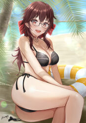 Rule 34 | 1girl, absurdres, bare legs, beach, bikini, black bikini, bow, breasts, brown hair, chain, choker, cleavage, commission, day, glasses, hair bow, highres, indie virtual youtuber, innertube, large breasts, lifebuoy, looking at viewer, medium breasts, nori chazuke, open mouth, outdoors, red bow, red choker, red eyes, shindou kiki, sitting, skeb commission, smile, solo, swim ring, swimsuit, teeth, upper teeth only, virtual youtuber