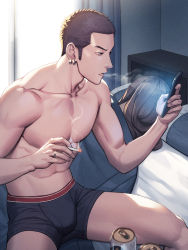 Rule 34 | 1boy, 1girl, bed, bedroom, beer can, black boxer briefs, black male underwear, blowing smoke, boxer briefs, brown hair, bulge, can, cigarette, curtains, drink can, ear piercing, faceless, faceless female, hetero, highres, holding, holding cigarette, indoors, looking at phone, lying, male focus, male underwear, on bed, original, pectorals, phone, piercing, pillow, sitting, smoke, smoking, tettabuzz, under covers, underwear, window