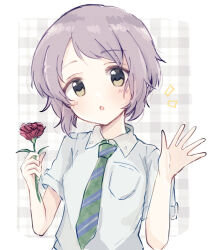 Rule 34 | 1girl, baran. (ba ra ran), border, breast pocket, dot nose, dress shirt, flower, green necktie, grey hair, grey shirt, highres, holding, holding flower, idolmaster, idolmaster million live!, idolmaster million live! theater days, light blush, looking at viewer, makabe mizuki, necktie, notice lines, outside border, outstretched hand, plaid, plaid background, pocket, red flower, red rose, rose, shirt, short hair, short sleeves, sidelocks, white border, wing collar, yellow eyes