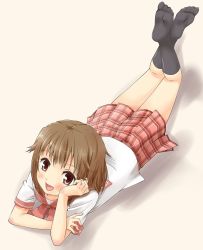 Rule 34 | 1girl, arm support, blush, brown eyes, brown hair, head rest, crossed arms, face, feet, leg up, crossed legs, legs up, lying, on stomach, open mouth, original, school uniform, short hair, sitting, smile, solo, yoruda