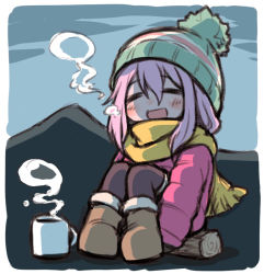 Rule 34 | 1girl, :d, boots, breath, chibi, commentary request, cup, down jacket, closed eyes, hat, jacket, kagamihara nadeshiko, knees up, kugelschreiber, long hair, mountain, open mouth, outdoors, pink hair, pink jacket, scarf, sitting, smile, solo, steam, yurucamp