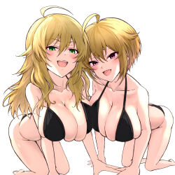 2girls ahoge all_fours ass asymmetrical_docking bikini black_bikini blonde_hair blush breast_press breasts cleavage collarbone green_eyes hair_flaps highres hitofudegaki_usagi hoshii_miki ibuki_tsubasa idolmaster idolmaster_(classic) idolmaster_million_live! large_breasts long_hair looking_at_viewer multiple_girls naughty_face open_mouth pink_eyes short_hair simple_background swimsuit teeth upper_teeth_only white_background yuri