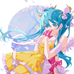 Rule 34 | 1girl, absurdres, ahoge, bandaged arm, bandages, blue eyes, blue hair, butterfly earrings, butterfly hair ornament, choker, dress, earrings, feathered wings, gloves, hair ornament, half gloves, hatsune miku, highres, jewelry, long hair, miermere, mini wings, pink gloves, solo, strapless, strapless dress, twintails, vocaloid, white choker, white wings, wings, yellow dress