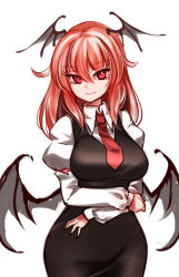 Rule 34 | 1girl, armband, bat wings, black dress, breasts, collared shirt, commentary request, cowboy shot, dress, eyelashes, fang, fang out, hair between eyes, head wings, highres, juliet sleeves, koakuma, long sleeves, looking at viewer, low wings, medium breasts, medium hair, necktie, pinafore dress, puffy sleeves, raptor7, red eyes, red hair, red necktie, shirt, sidelocks, simple background, sleeveless, sleeveless dress, smile, solo, touhou, white background, white shirt, wings