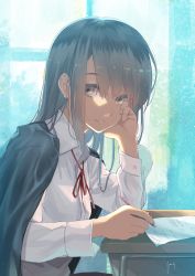 Rule 34 | 1girl, brown eyes, brown hair, classroom, desk, eyes visible through hair, furai, hair between eyes, head rest, highres, holding, holding pencil, indoors, light particles, long hair, neck ribbon, original, paper, pencil, red ribbon, ribbon, sitting, solo, window, writing