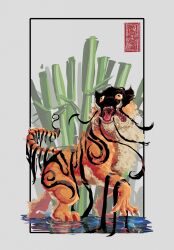 Rule 34 | alternate species, animal focus, bamboo, claws, dream tiger (govy9807), highres, no humans, open mouth, orange fur, qibbs96, shadow, tiger, tiger stripes, tusks, white fur