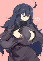 Rule 34 | 1girl, @ @, ahoge, alternate breast size, bags under eyes, black hair, blue eyes, breast hold, breasts, creatures (company), frills, game freak, grabbing own breast, hairband, heart, hex maniac (pokemon), highres, huge breasts, kedamono kangoku-tou, long hair, looking at viewer, messy hair, nintendo, npc trainer, pink background, pokemon, pokemon xy, ribbed sweater, smile, solo, sweater, very long hair, wide hips