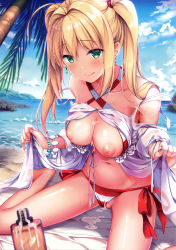 Rule 34 | 10s, 1girl, absurdres, ahoge, bare shoulders, beach, bead bracelet, beads, bikini, blonde hair, blush, bracelet, breasts, breasts out, collarbone, criss-cross halter, day, dress, earrings, fate/extra, fate/grand order, fate (series), gown, green eyes, hair intakes, halterneck, highres, jewelry, large breasts, licking lips, long hair, looking at viewer, lotion, lotion bottle, navel, nero claudius (fate), nero claudius (fate) (all), nero claudius (swimsuit caster) (fate), nero claudius (swimsuit caster) (third ascension) (fate), nipples, ocean, outdoors, palm tree, red bikini, scan, seiza, shirakawako, side-tie bikini bottom, sitting, smile, striped bikini, striped clothes, suggestive fluid, swimsuit, thighs, tongue, tongue out, tree, twintails